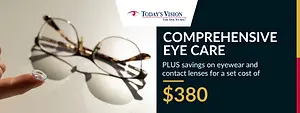 Promotional banner for Today's Vision comprehensive eye care, featuring eyeglasses, a contact lens, and a $380 eyewear and contact lens offer.
