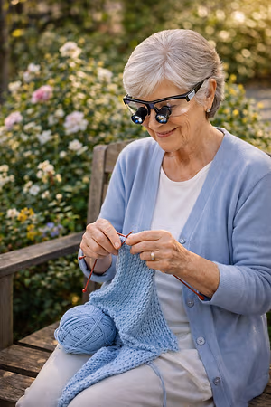 An older woman wearing a blue cardigan and a white shirt is knitting while sitting on a wooden bench in a garden with a variety of flowers and plants.