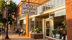 A storefront for Optometry & Eye Care with people sitting on a bench outside