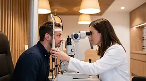 A male patient undergoing an eye examination with a female optometrist in a modern optometry clinic.