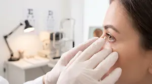 Woman having her contact lenses examined by a doctor at an optometrist's office