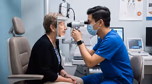 An older woman is having her eye examined by a doctor wearing a face mask