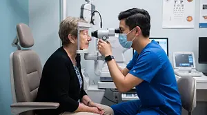 An older woman is having her eye examined by a doctor wearing a face mask