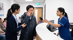 Two women in blue scrubs are speaking with a man in a black rain jacket in a hospital waiting room