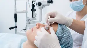 A woman with blue hair covering her eyes is having her eyes examined by a doctor wearing gloves and a mask.