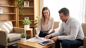 A smiling young woman in a care coordinator uniform and a smiling young man discuss a document on a coffee table in a room with lots of plants and shelves with glasses.
