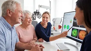 Senior couple and eye care professional reviewing eye test results on a computer screen