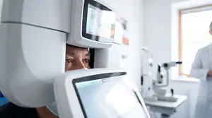 A man getting his eyes checked in an optometrist office