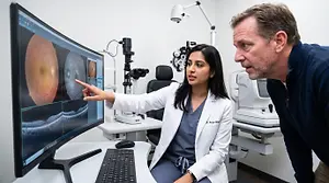 A female doctor showing a patient their eye results on a computer
