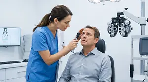 An eye doctor checks the vision of a male patient in an exam room.