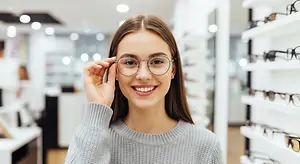A woman is smiling and holding her glasses inside an optical shop.