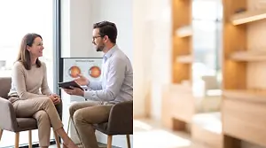 A man and woman sit in a room and look at a diagram on a screen while the man holds a tablet