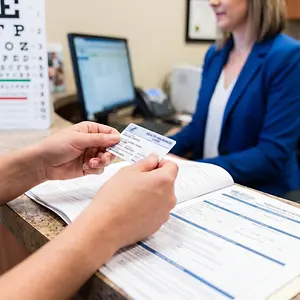 Patient showing insurance card to a receptionist at an optometrist