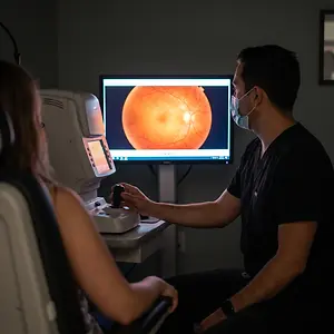 A woman sits in a chair while a man wearing a mask uses a medical device on her eye