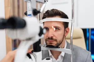 A man in a suit is having his eyes examined by an eye doctor using a device.