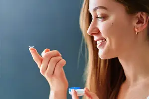 A smiling woman wearing earrings is holding a contact lens in her right hand and a contact lens case in her left hand.