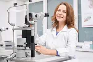 A woman in a white lab coat is smiling while holding an eye exam machine.
