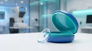 An open blue and teal colored contact lens case with a lens sitting on a white table in a medical office.