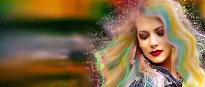 a close-up of a woman with long hair and red lipstick, with a blurred colorful background featuring a grid of hearts and squares