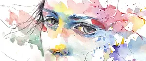 Watercolor painting of a woman's face with vibrant colors and splashes of paint