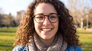 Woman with curly hair, glasses, and a scarf smiles in a park.