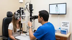 A man is using a slit lamp to check a woman's eyes in a clinic.