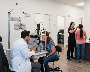 A man is adjusting a machine in front of a woman, and a woman is standing near a monitor in a room.