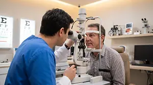 Ophthalmologist examining a patient using a medical device