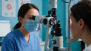 A woman doctor wearing a mask and using an ophthalmoscope on another woman in a clinic.