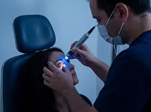 A doctor is examining a woman's eye with a medical tool