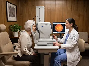 Optometrist examining patient using an ophthalmoscope and computer monitor showing an eye image