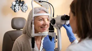 A smiling elderly woman is having her eyes examined by a female doctor in a medical setting.