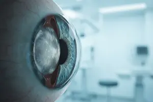 Close-up of a human eye in a hospital setting