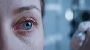 woman with red eye inflammation, blurry background, close up