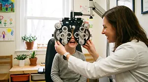 An eye doctor is examining a child using a machine with dials and lenses