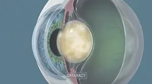 An illustration of an eye showing a cataract in the lens.