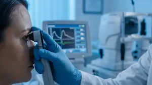 Woman having her eye examined with an optical instrument